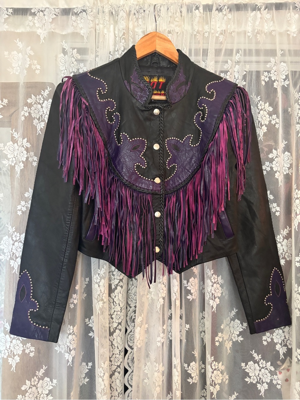 Hot Leathers Purple Black Studded Fringe Genuine Leather Western Biker Jacket